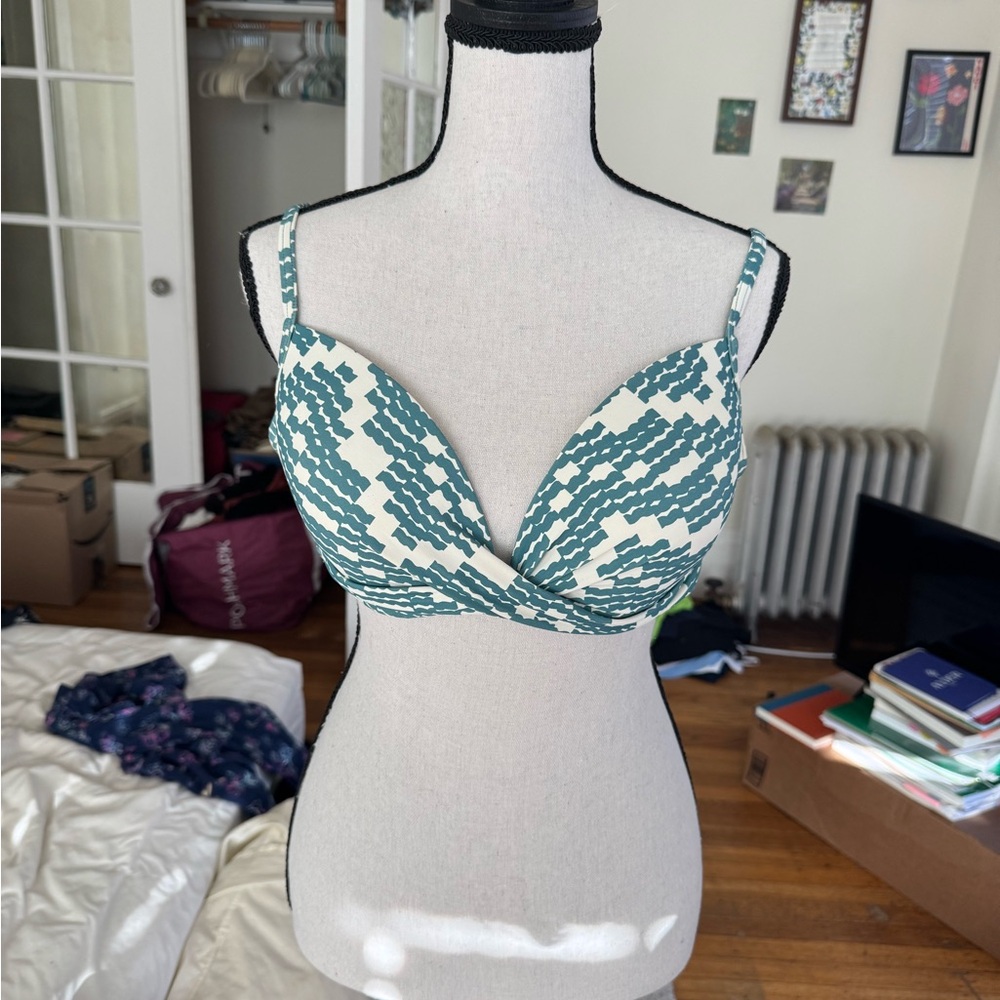 Patterned teal bikini swim top